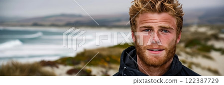 Smiling surfer man celebrating successful ride. Joyful banner image of triumph and happiness Smiling surfer man celebrating successful ride. Joyful banner image of triumph and happiness 122387729