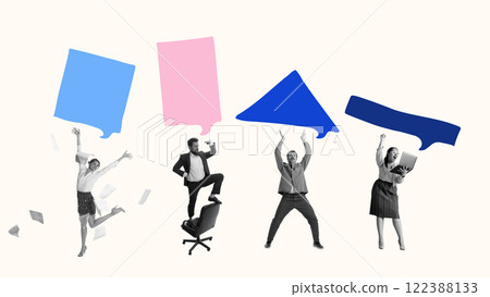 Diverse team, colleagues with abstract speech bubbles graphics, showing well-coordinated, efficient work and success. Conceptual art collage. Diverse team, colleagues with abstract speech bubbles graphics, showing well-coordinated, efficient work and success. Conceptual art collage. 122388133