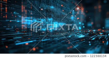Futuristic Digital Binary Code Background in Blue and Orange Tones 122388134