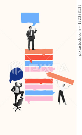 Businesspeople stacking colorful blocks in shape speech bubbles, showcasing effective collaboration in achieving shared goals. Conceptual art collage. 122388135