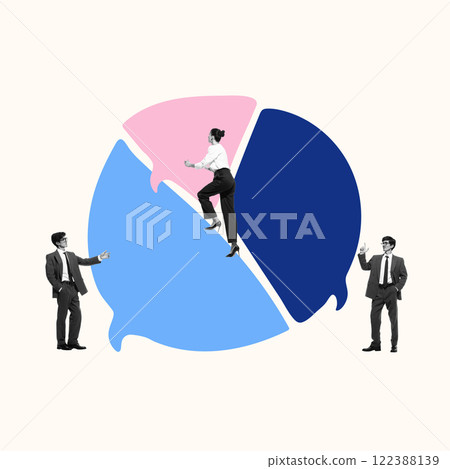 Team collaborating around colorful pie chart in shape of speech bubbles, strategic decision-making and analytics. Conceptual art collage. 122388139