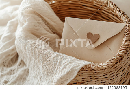 Beige envelope with a heart in a basket on a soft boho background. Valentines Day romantic message. Beige envelope with a heart in a basket on a soft boho background. Valentines Day romantic message. 122388195