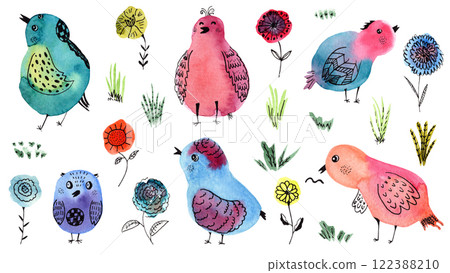 Set of cute colorful doodle watercolor and ink textured birds. Funny bright pink, blue and green bird, grass and flowers for spring textile design, kids print, poster, Easter banner, sticker Set of cute colorful doodle watercolor and ink textured birds. Funny bright pink, blue and green bird, grass and flowers for spring textile design, kids print, poster, Easter banner, sticker 122388210