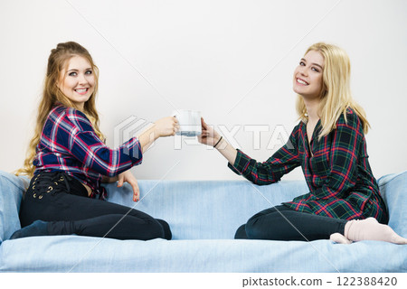 Female friends sitting on sofa talking Female friends sitting on sofa talking 122388420