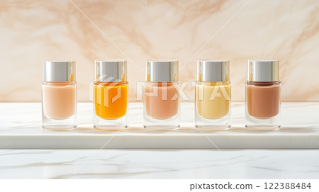 Diverse range of nail polish bottles on marble surface. 122388484
