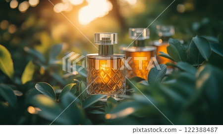 Elegant crystal perfume bottles in nature with sunlit background 122388487