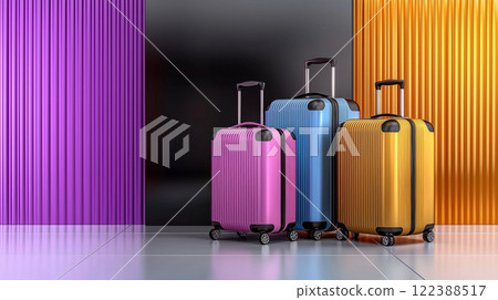 Stylish pink, blue, and yellow suitcases with wheels displayed on a glossy floor, against vibrant background with vertical lines. For travel, vacation, and adventure concept. Stylish pink, blue, and yellow suitcases with wheels displayed on a glossy floor, against vibrant background with vertical lines. For travel, vacation, and adventure concept. 122388517