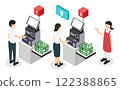 Isometric illustration of customers using supermarket self-checkouts, shoppers and clerks guiding them 122388865