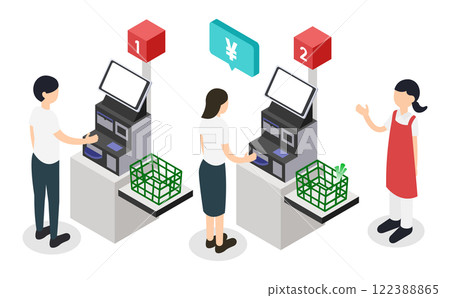 Isometric illustration of customers using supermarket self-checkouts, shoppers and clerks guiding them 122388865