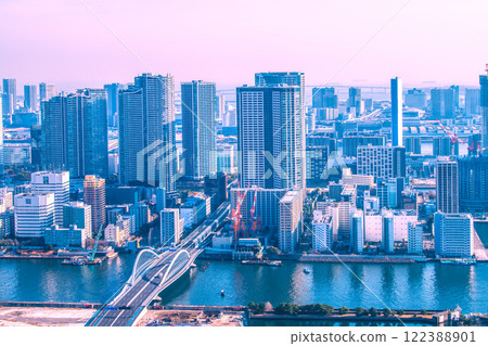 日本東京城市景觀，俯瞰前築地市場遺址前的塔樓公寓大樓（2020年1月23日） 122388901