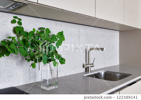 Explore a modern kitchen blending greenery and sleek design for style and functionality Explore a modern kitchen blending greenery and sleek design for style and functionality 122389141