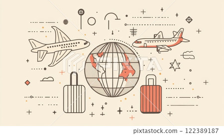 The essence of international travel with a globe, mid-flight airplanes, and colorful suitcases all around. The essence of international travel with a globe, mid-flight airplanes, and colorful suitcases all around. 122389187