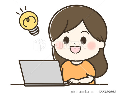 A cute and relaxed illustration of an inspirational woman using a light bulb and a computer A cute and relaxed illustration of an inspirational woman using a light bulb and a computer 122389668