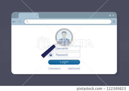 Flat illustration with blue user login laptop. Vector, flat design. Laptop vector icon illustration. Flat illustration with blue user login laptop. Vector, flat design. Laptop vector icon illustration. 122389823