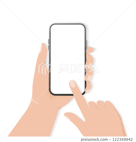 Flat icon with smartphone with hand for mobile app design. Vector sketch. Device icon. Smartphone with hand, great design for any purposes. 122389842
