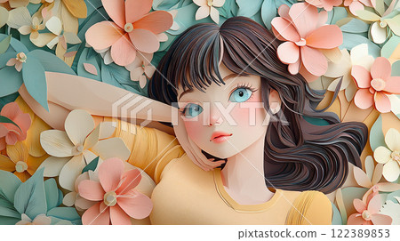 Paper art illustration of a young woman sitting on a sofa 122389853