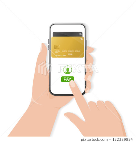 Hand with smartphone. Abstract online payment for mobile device design. Online transaction. 122389854