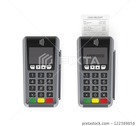 Vector illustration with terminal on white background. Mockup for concept design. Isolated vector illustration. Online store payment. 122389858