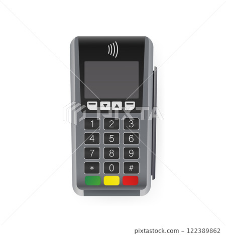 Vector illustration with terminal on white background. Mockup for concept design. Isolated vector illustration. Online store payment. 122389862