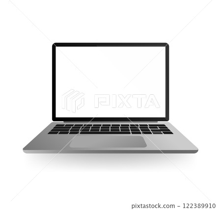 Modern flat icon with black laptop on white background for concept design. Open display. Realistic vector illustration. Mobile internet technology vector illustration. 122389910