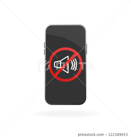 Flat icon with black no sound smartphone on white background for concept design. Smartphone display. Vector mobile device concept. 122389915