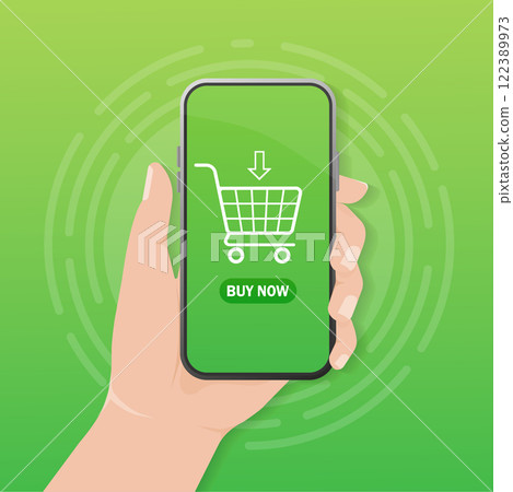 Flat with buy now smartphone screen. Modern illustration for mobile app design. Isolated flat vector illustration.Sale sign. Buy now. 122389973