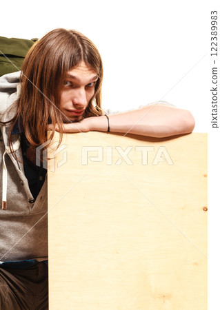 Man hiker backpacker with blank wood copy space ad 122389983