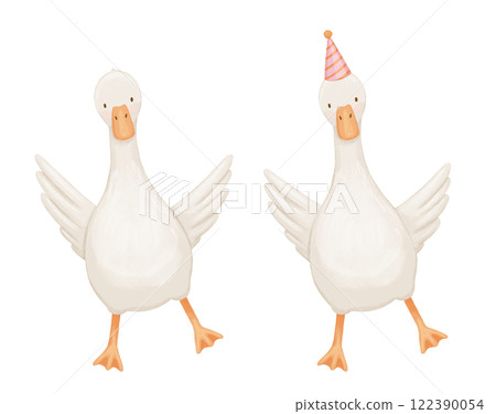 Cute goose in boots with umbrella, funny character, baby animal, watercolor illustration, hand drawn illustration for kids 122390054