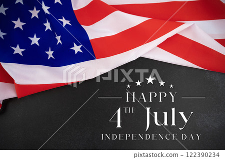 Independence Day Card - Usa Flag With Sparkler On Black Stone And Abstract Bokeh - 4th July Text. 122390234