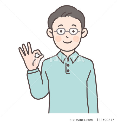 A man with glasses giving an OK sign_blue shirt 122390247