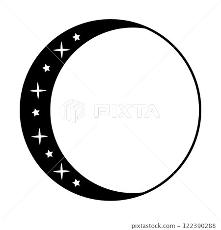 Elegant crescent moon frame with celestial stars, for astrology, mysticism, cosmic design, tarot, horoscope, branding, invitations, celestial aesthetics, spiritual projects. Vector illustration Elegant crescent moon frame with celestial stars, for astrology, mysticism, cosmic design, tarot, horoscope, branding, invitations, celestial aesthetics, spiritual projects. Vector illustration 122390288