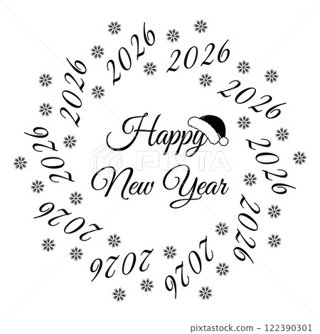 2026 dates and Snowflakes Circular Frame Happy New Year text and Santa Hat on letter. 2026 Greeting 2026 dates and Snowflakes Circular Frame Happy New Year text and Santa Hat on letter. 2026 Greeting 122390301