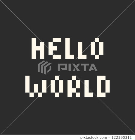 Pixel Art Text Hello World Light on Dark Background. Retro style inscription in minimalism. Greeting Pixel Art Text Hello World Light on Dark Background. Retro style inscription in minimalism. Greeting 122390311