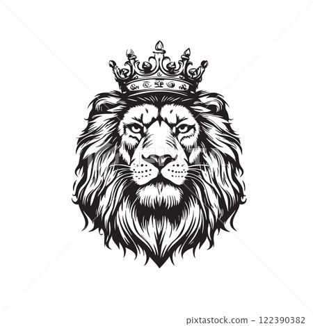 Vector of lion head wearing royal crown, detailed illustration art with flowing mane in heraldic style. Wildlife Animals. 122390382