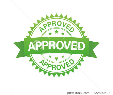 Approved label. Approved green stamp with band. Vector illustration. 122390398