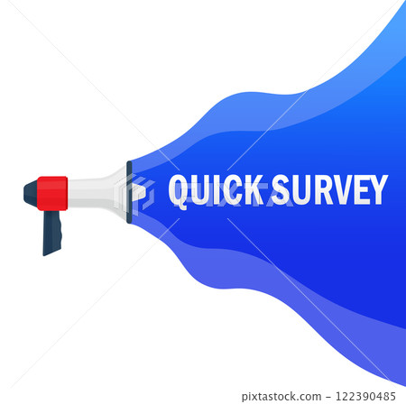 Quick survey. Badge with megaphone icon. Flat vector illustration on white background. 122390485