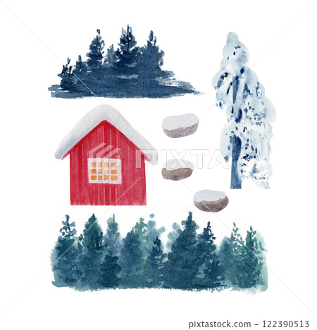 Red log house, spruce forest, stones set isolated on white. Nature landscape design elements. High quality clip art perfect for cards, banners, posters, books decor. Winter in Norway illustration 122390513
