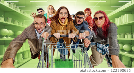 Group of people pushing shopping cart in green 3D supermarket, screaming with excitement. Crazy Black Friday shopping Group of people pushing shopping cart in green 3D supermarket, screaming with excitement. Crazy Black Friday shopping 122390655