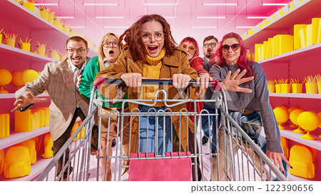 Woman pushing shopping cart with emotional group in vibrant pink 3D supermarket. Dramatic Black Friday sale Woman pushing shopping cart with emotional group in vibrant pink 3D supermarket. Dramatic Black Friday sale 122390656