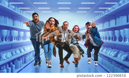 Shoppers running through 3D supermarket with blue shelves, reaching for deals. Black Friday rush 122390658
