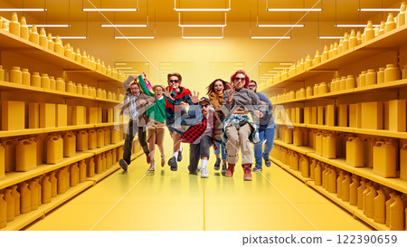 Excited group of people running in futuristic 3D supermarket with yellow shelves. Dynamic Black Friday sale scene 122390659