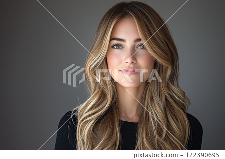 Close-up portrait of pretty young woman looking to camera on dark background. AI-generated item 122390695