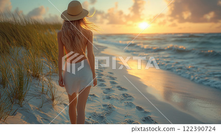 Back view of young woman walking barefoot along beach at sunset. AI-generated item Back view of young woman walking barefoot along beach at sunset. AI-generated item 122390724
