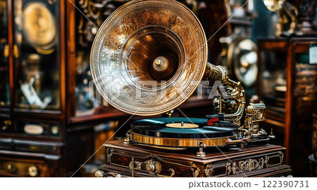 Vintage antique gramophone with elegant design and vinyl record. AI-generated item 122390731
