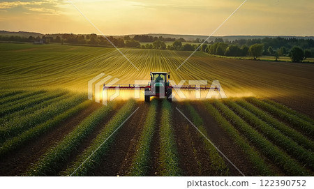 Tractor fertilizing a cultivated agricultural field. AI-generated item 122390752