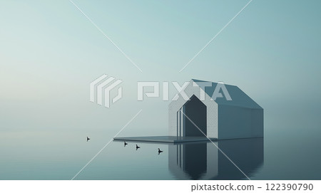 Minimalist lake house with ducks and reflection. AI-generated item 122390790
