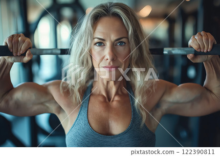 Strong older fitness woman posing showing muscular arms. AI-generated item 122390811