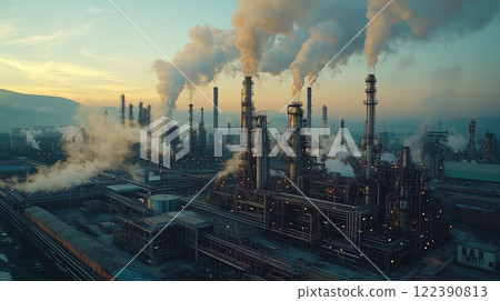 Aerial view of petrochemical plant at sunset. AI-generated item 122390813
