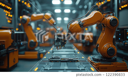 Automated industry robots and robotic arms working at factory assembly process. AI-generated item 122390833