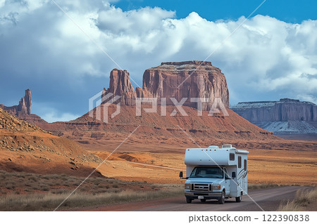 Camper van driving through desert landscape. AI-generated item Camper van driving through desert landscape. AI-generated item 122390838